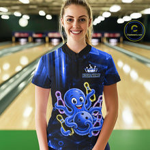 Load image into Gallery viewer, Woman wearing blue funny neon octopus bowling quarter zip shirt front view.