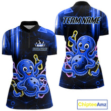 Load image into Gallery viewer, Blue funny neon octopus bowling team quarter zip shirt for women, custom bowling league jersey with neon octopus artwork.