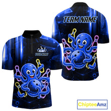 Load image into Gallery viewer, Blue funny neon octopus bowling team quarter zip shirt for men, custom bowling league jersey with neon octopus artwork.