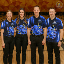Load image into Gallery viewer, Bowling team wearing matching blue funny neon octopus bowling jerseys front view.