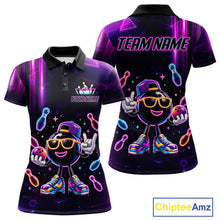 Load image into Gallery viewer, Funny neon bowling ball bowling team jersey polo shirt for women, custom bowling league apparel with colorful glowing bowling ball design.