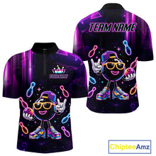 Load image into Gallery viewer, Funny neon bowling ball bowling team quarter zip shirt for men, custom bowling league jersey with neon bowling artwork.