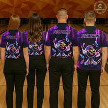 Load image into Gallery viewer, Bowling team wearing matching funny neon bowling ball bowling jerseys back view.