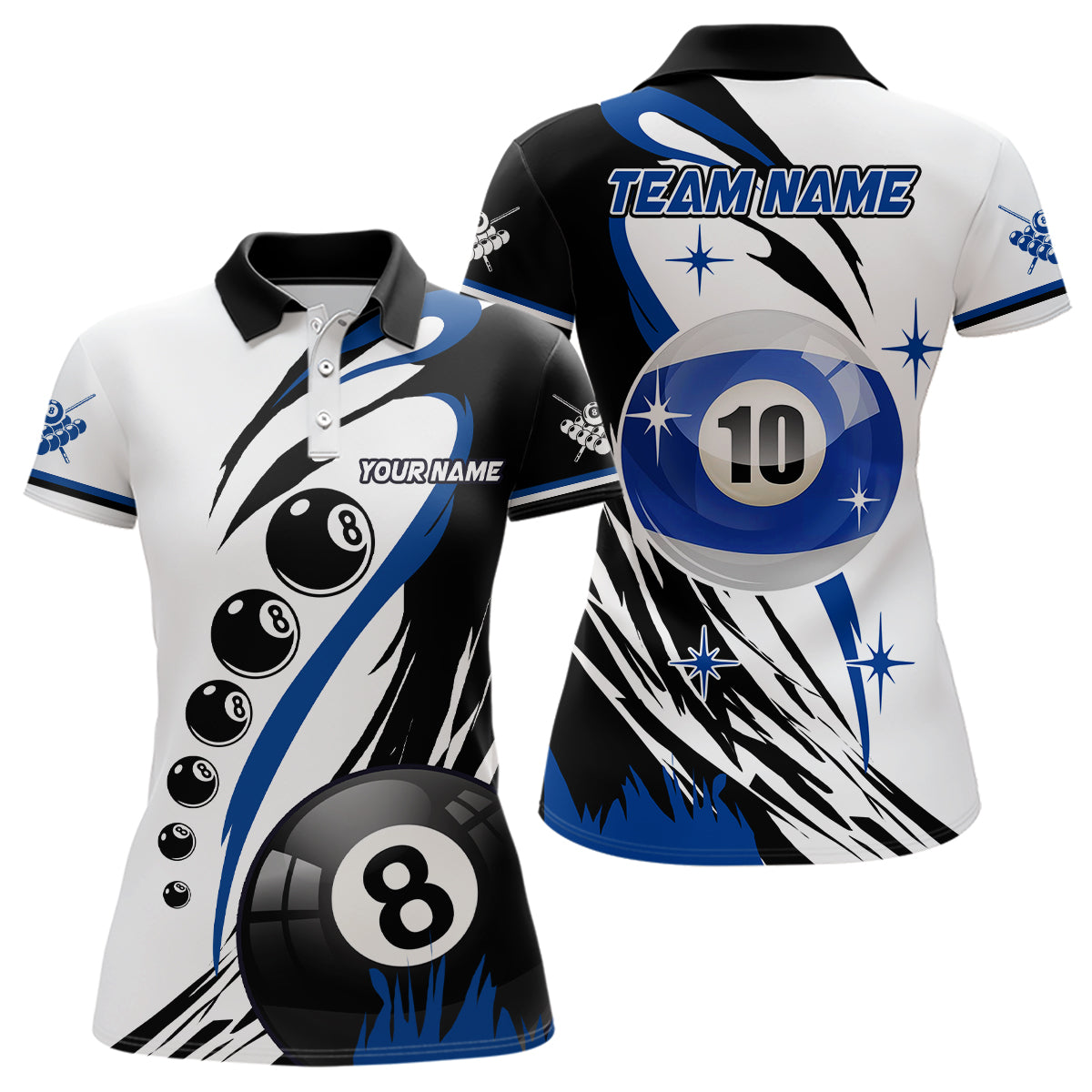 Personalized Billiard 8 Ball & 10 Ball Women Polo Shirts, Custom Team Name Billiard Attire Jerseys TDM1078