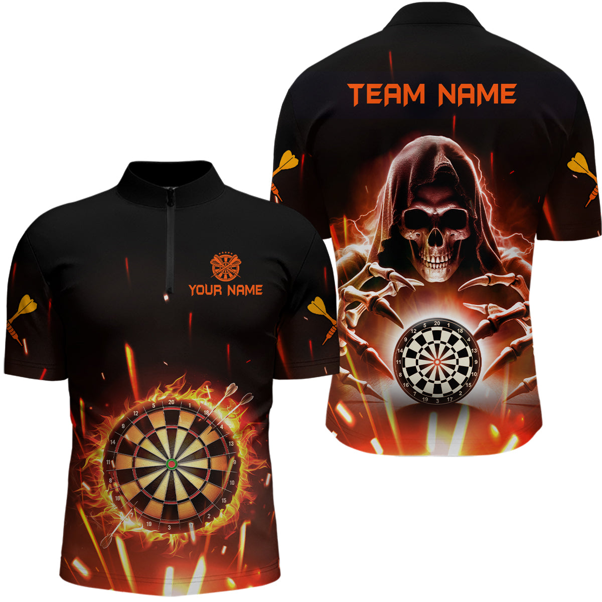 Skull Darts Board Fire Flame 3D Men Darts Quarter-Zip Shirt Custom Darts Team Jersey TDM1404