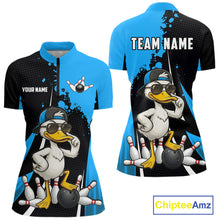 Load image into Gallery viewer, Custom Black And Blue Funny Duck Bowling Shirts For Women, Bowling Team Jersey Polo &amp; 1/4 Zip TDM6292