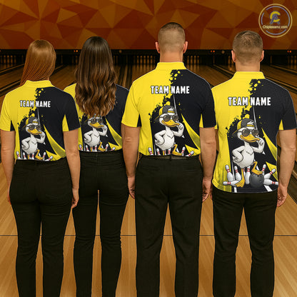 Custom Yellow Black Funny Duck Bowling Shirts For Women, Bowling Team Jersey Polo & 1/4 Zip TDM6293