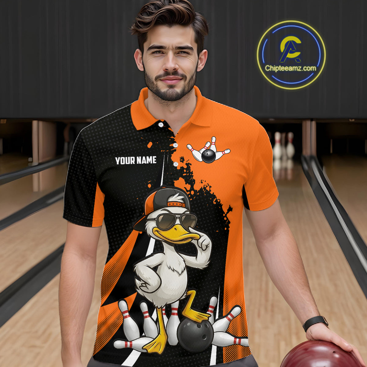 Custom Black And Orange Funny Duck Bowling Shirts For Men, Bowling Team Jersey Polo & 1/4 Zip TDM6294