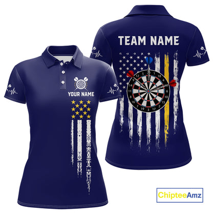 Customized Navy Blue American Flag Darts Shirt For Women, Patriotic Darts League Team Jersey TDM7180