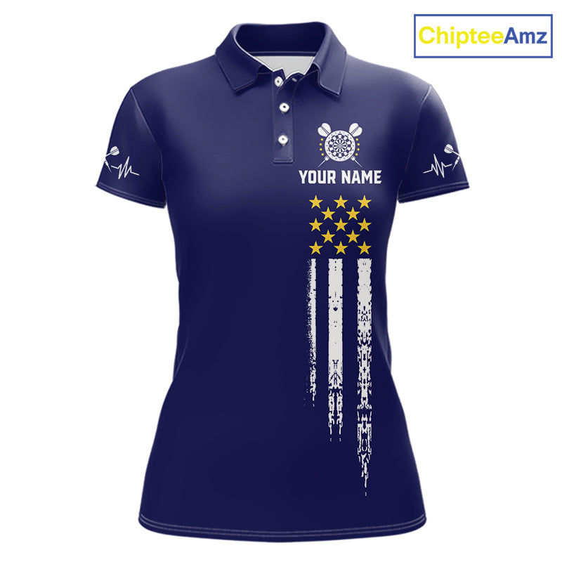 Customized Navy Blue American Flag Darts Shirt For Women, Patriotic Darts League Team Jersey TDM7180