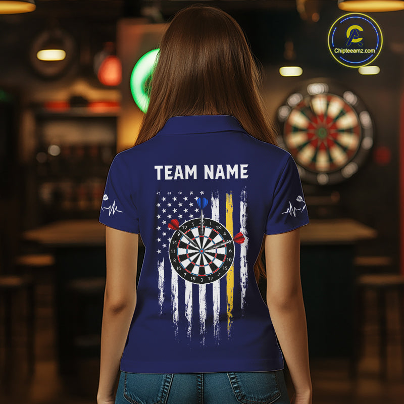 Customized Navy Blue American Flag Darts Shirt For Women, Patriotic Darts League Team Jersey TDM7180