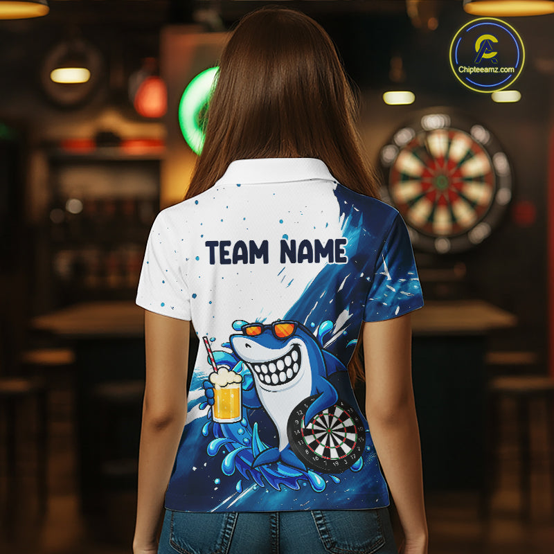 Blue And White Funny Shark Darts Shirts For Women Custom Darts Team Jersey Polo, Quarter Zip TDM7181