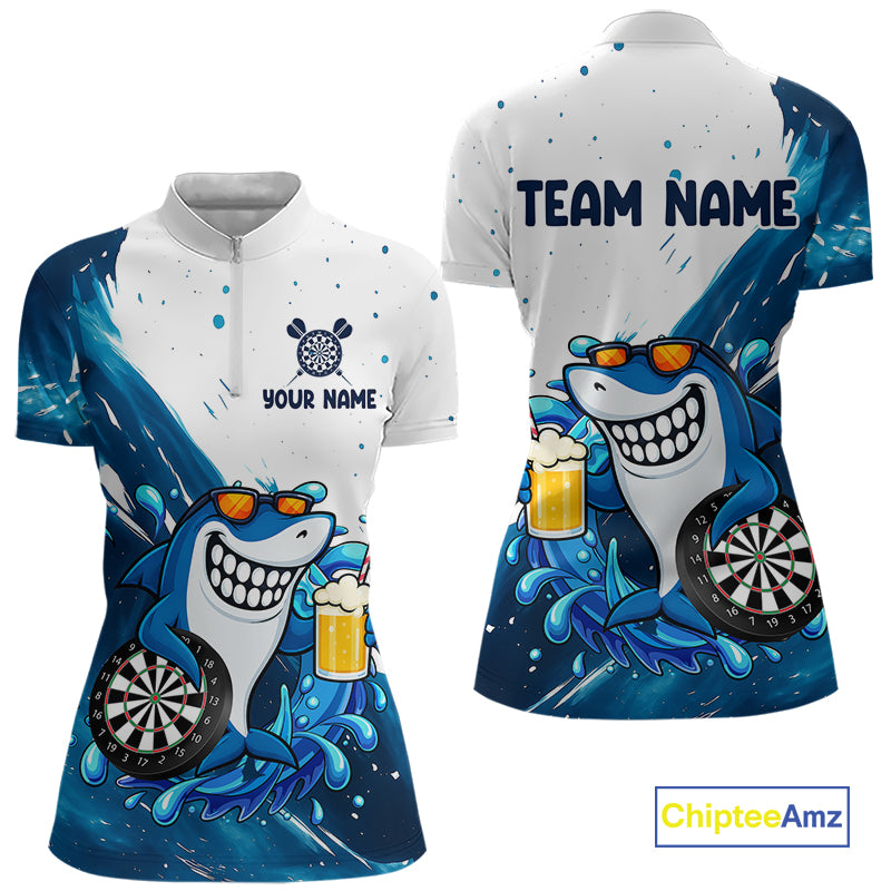 Blue And White Funny Shark Darts Shirts For Women Custom Darts Team Jersey Polo, Quarter Zip TDM7181
