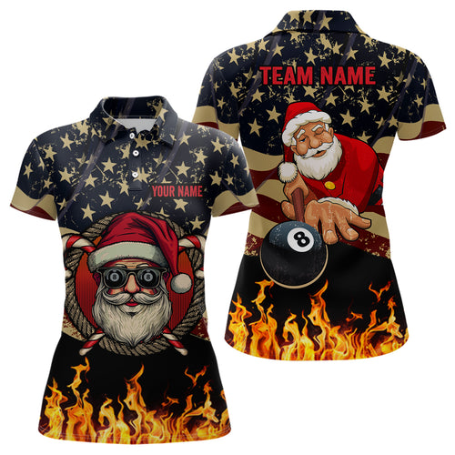 Funny Christmas Santa And Billiard USA Flag Fire Custom Women Polo Shirts Patriotic Christmas Shirts TDM0538