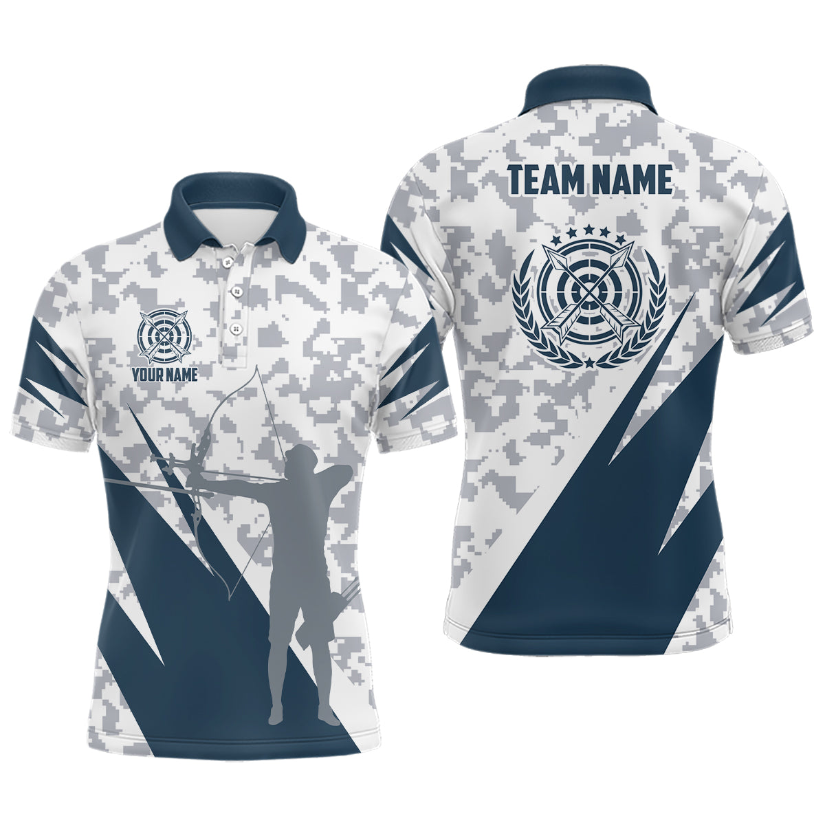 Personalized Blue Grey Digital Camo Archery Polo Shirts For Men Custom Team Name Archery Jerseys TDM0541