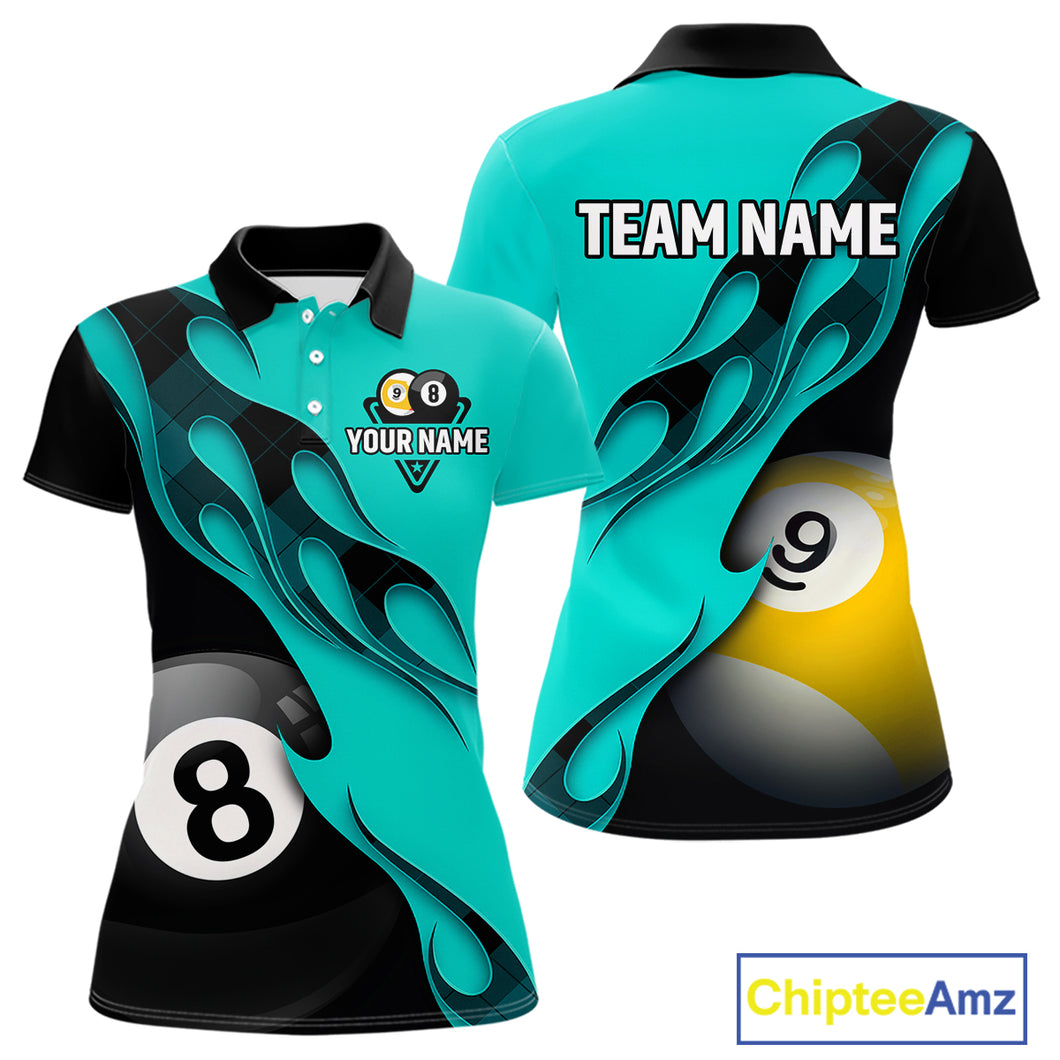 Black And Turquoise Billiard 8 Ball & 9 Ball Pool Shirt For Women Custom Billiard Team Jersey TDM5164