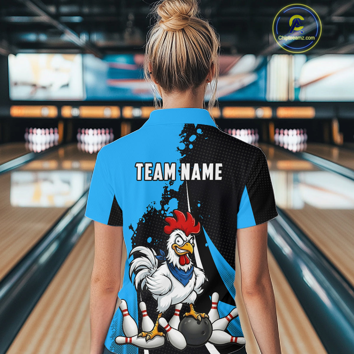 Custom Black And Blue Funny Chicken Bowling Shirts For Women, Bowling Team Jersey Polo & 1/4 Zip TDM6301