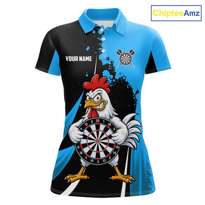 Blue Funny Chicken Darts Shirts For Women Custom Rooster Darts Team Jersey Polo & Quarter Zip TDM7199