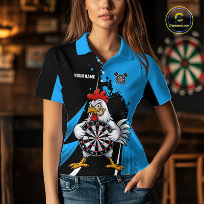 Blue Funny Chicken Darts Shirts For Women Custom Rooster Darts Team Jersey Polo & Quarter Zip TDM7199