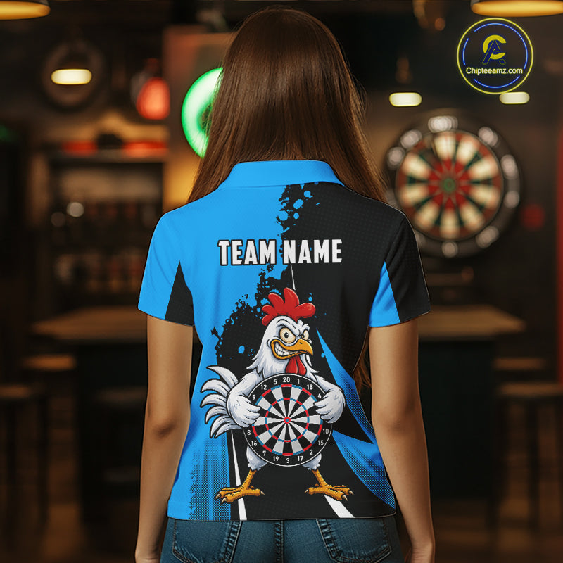 Blue Funny Chicken Darts Shirts For Women Custom Rooster Darts Team Jersey Polo & Quarter Zip TDM7199