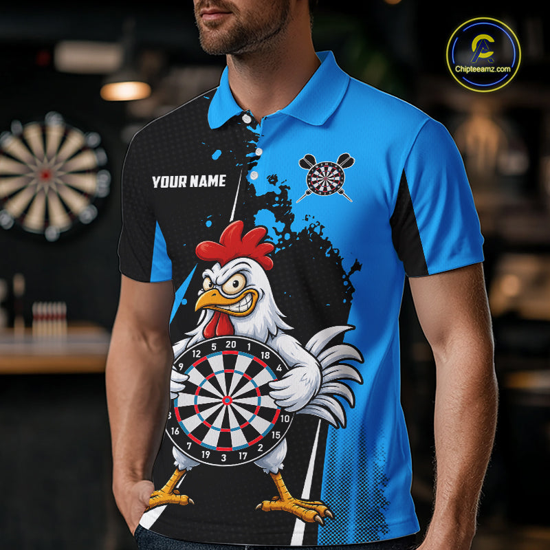 Blue Funny Chicken Darts Shirts For Men Custom Rooster Darts Team Jersey Polo & Quarter Zip TDM7199