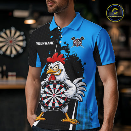 Blue Funny Chicken Darts Shirts For Men Custom Rooster Darts Team Jersey Polo & Quarter Zip TDM7199