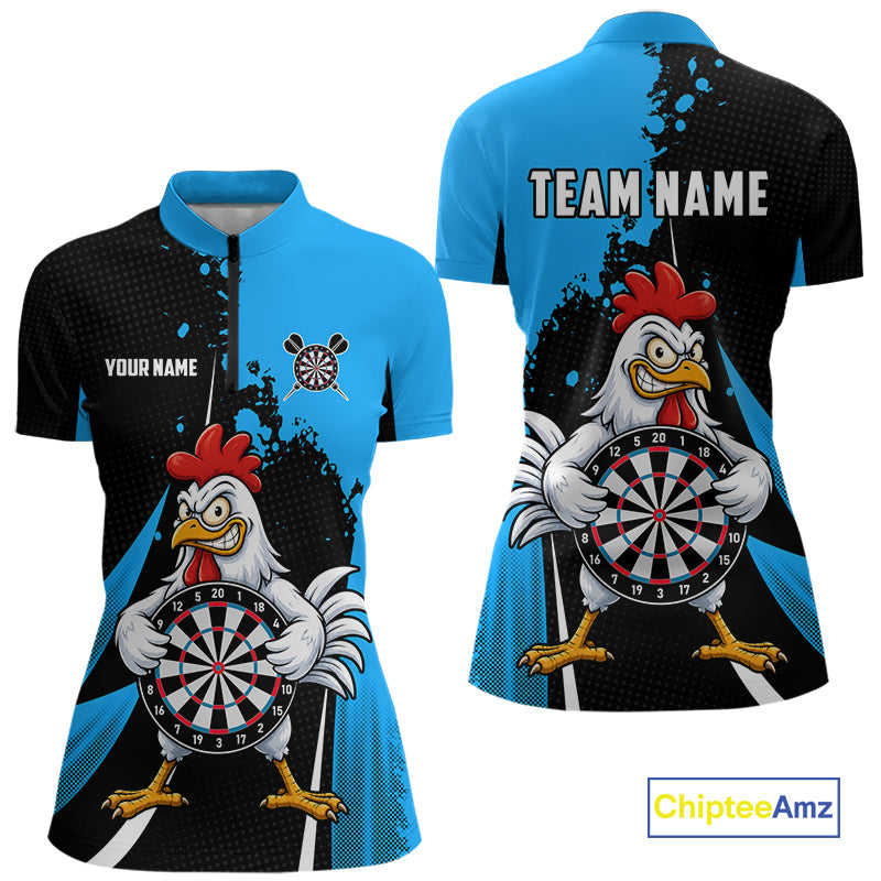 Blue Funny Chicken Darts Shirts For Women Custom Rooster Darts Team Jersey Polo & Quarter Zip TDM7199
