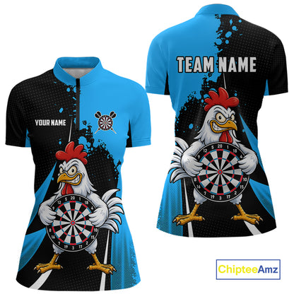 Blue Funny Chicken Darts Shirts For Women Custom Rooster Darts Team Jersey Polo & Quarter Zip TDM7199