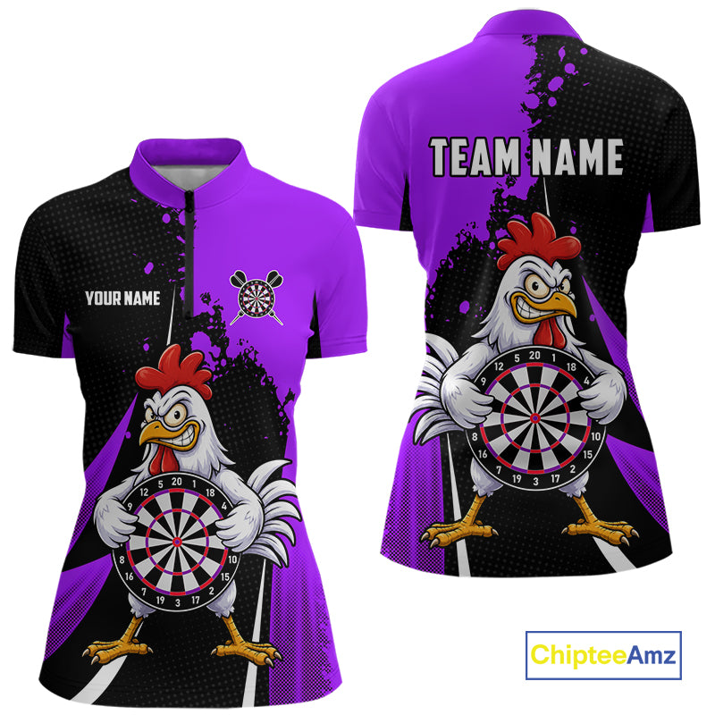 Purple Funny Chicken Darts Shirts For Women Custom Rooster Darts Team Jersey Polo & Quarter Zip TDM7200
