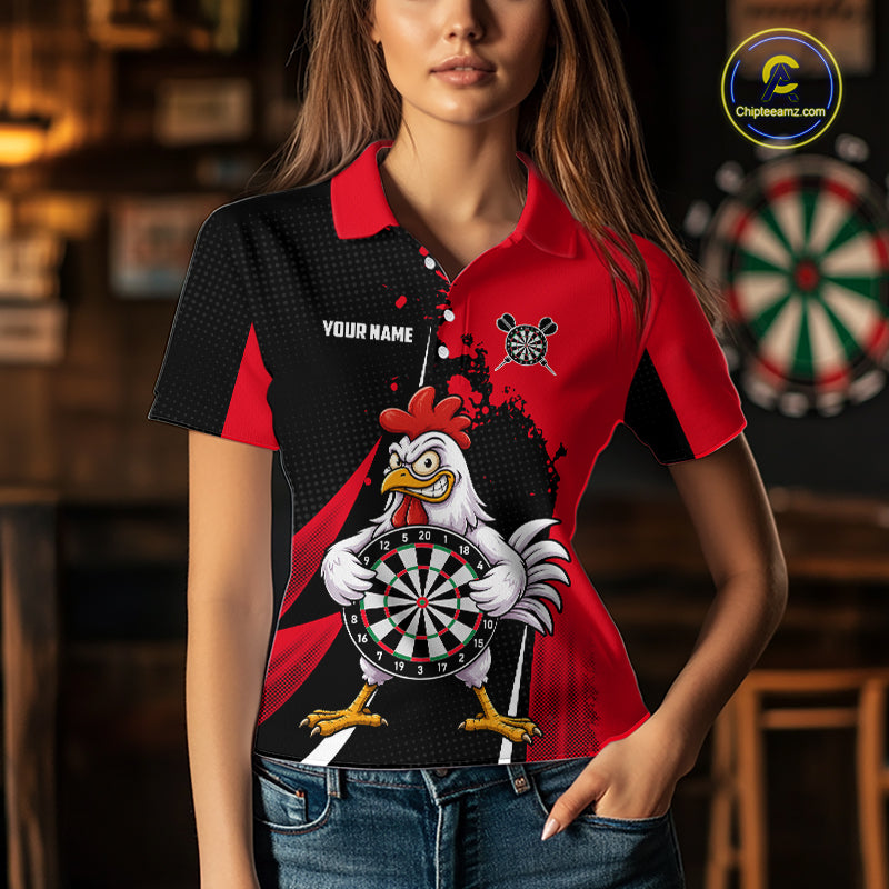Red Funny Chicken Darts Shirts For Women Custom Rooster Darts Team Jersey Polo & Quarter Zip TDM7201