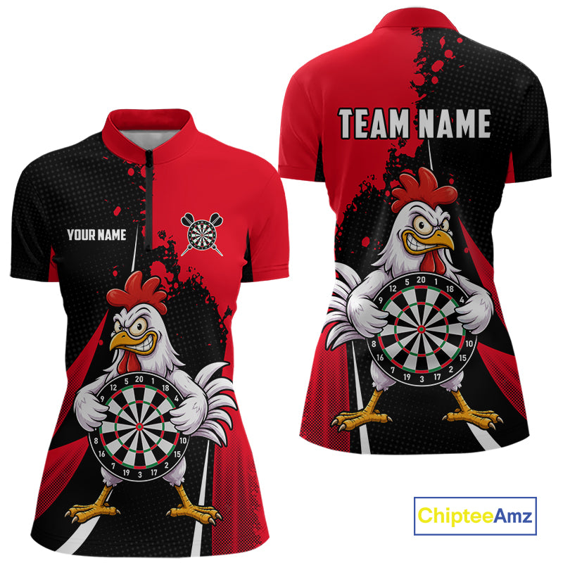 Red Funny Chicken Darts Shirts For Women Custom Rooster Darts Team Jersey Polo & Quarter Zip TDM7201