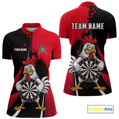 Red Funny Chicken Darts Shirts For Women Custom Rooster Darts Team Jersey Polo & Quarter Zip TDM7201