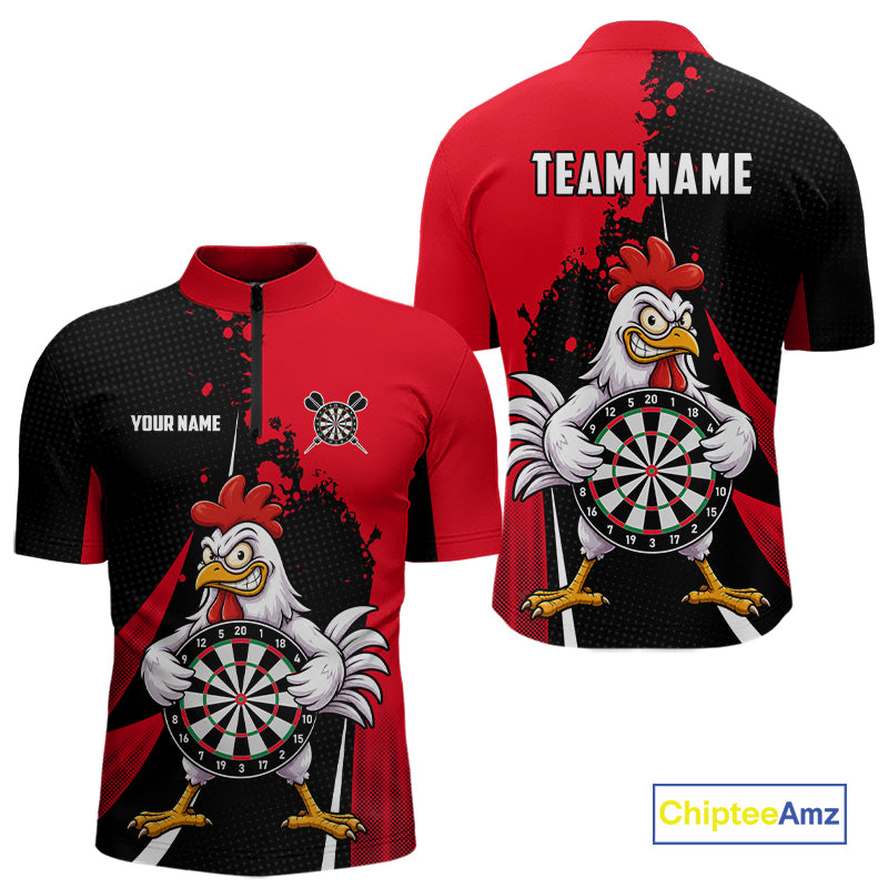 Red Funny Chicken Darts Shirts For Men Custom Rooster Darts Team Jersey Polo & Quarter Zip TDM7201