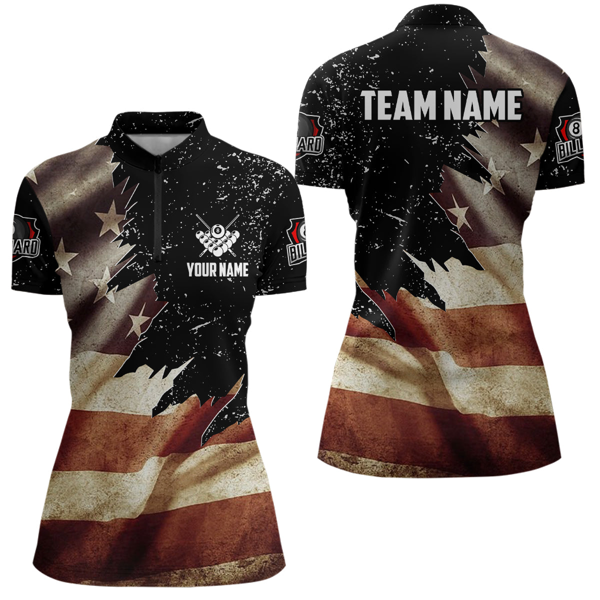 Personalized Retro US Flag Billiard Women Quarter-Zip Shirts, Patriotic Billiard Jerseys  TDM0714