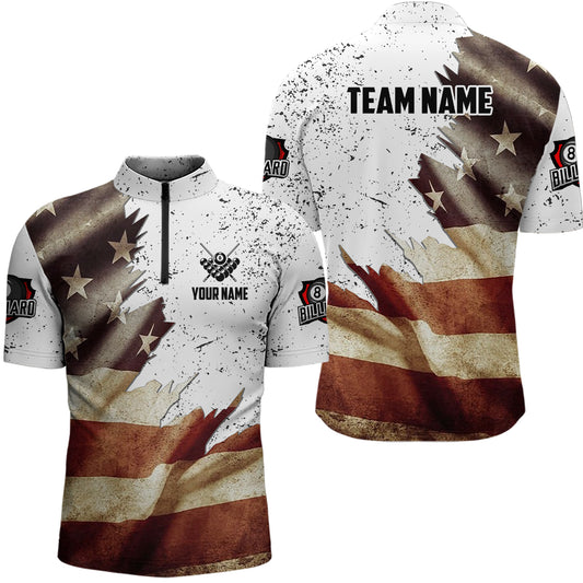 Personalized Retro US Flag Billiard Men Quarter-Zip Shirts, Patriotic Billiard Jerseys TDM1089