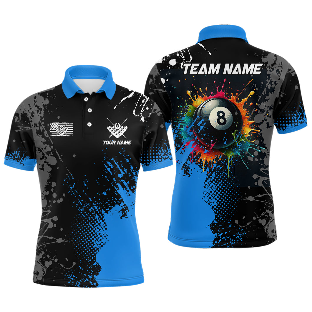 Personalized Grunge Paint Colorful 8 Ball Pool Billiard Shirts For Men Custom Billiard Jersey |Blue TDM2196
