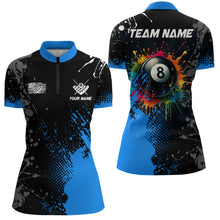 Load image into Gallery viewer, Personalized Grunge Paint Colorful 8 Ball Pool Billiard Shirts For Women Custom Billiard Jersey |Blue TDM2196
