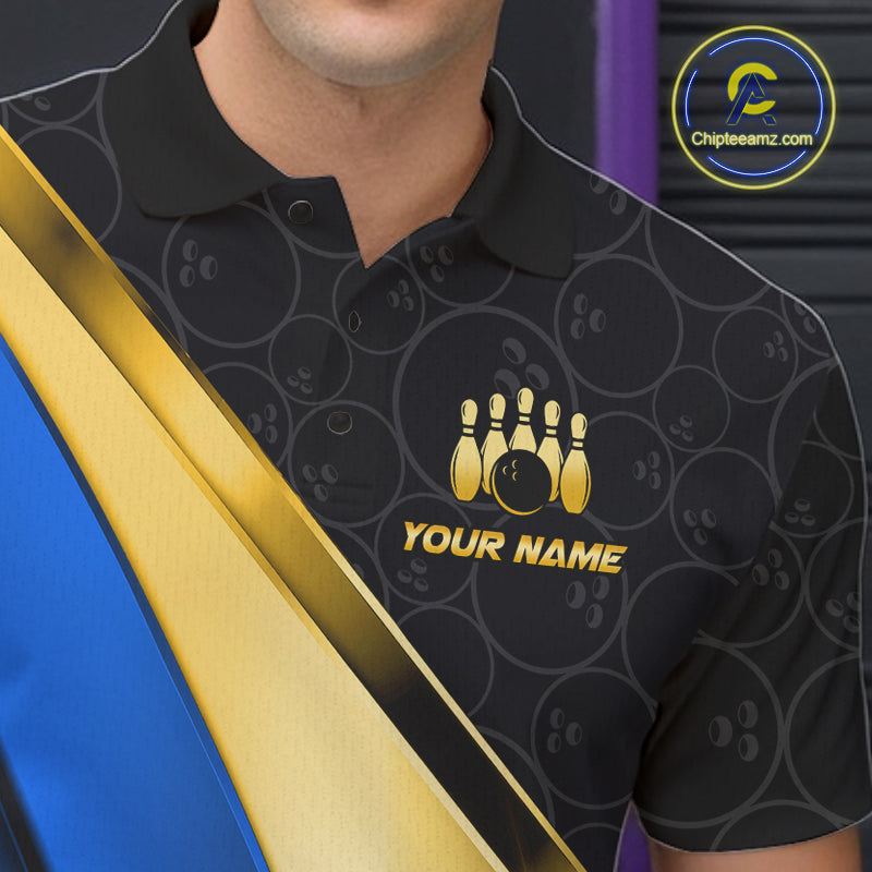 Custom Blue And Gold Bowling Shirts For Men, Bowling League Team Jersey Bowling Tournament Shirts TDM7212