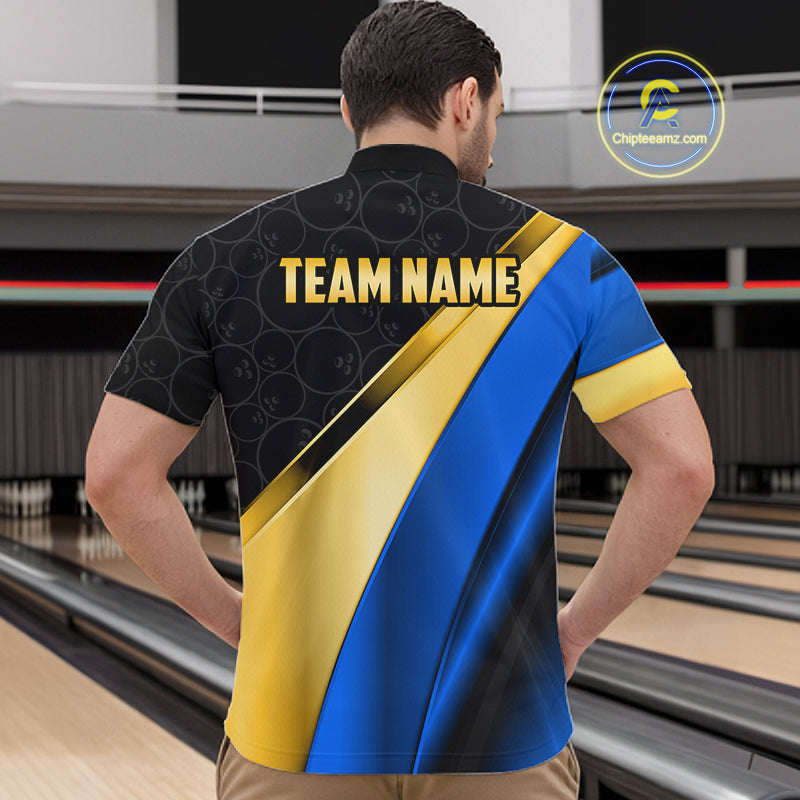 Custom Blue And Gold Bowling Shirts For Men, Bowling League Team Jersey Bowling Tournament Shirts TDM7212