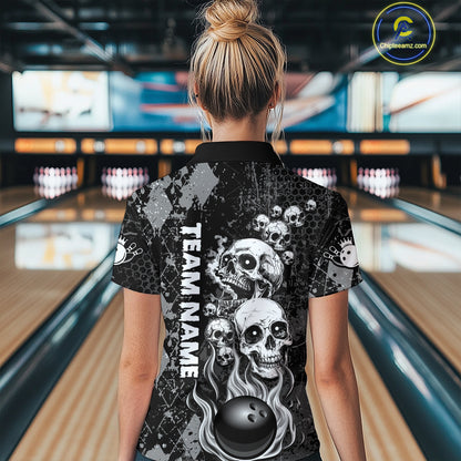 Black Grey Grunge Argyle Skull Bowling Shirt For Women Custom Bowling Team Jersey Polo & 1/4 Zip TDM4773