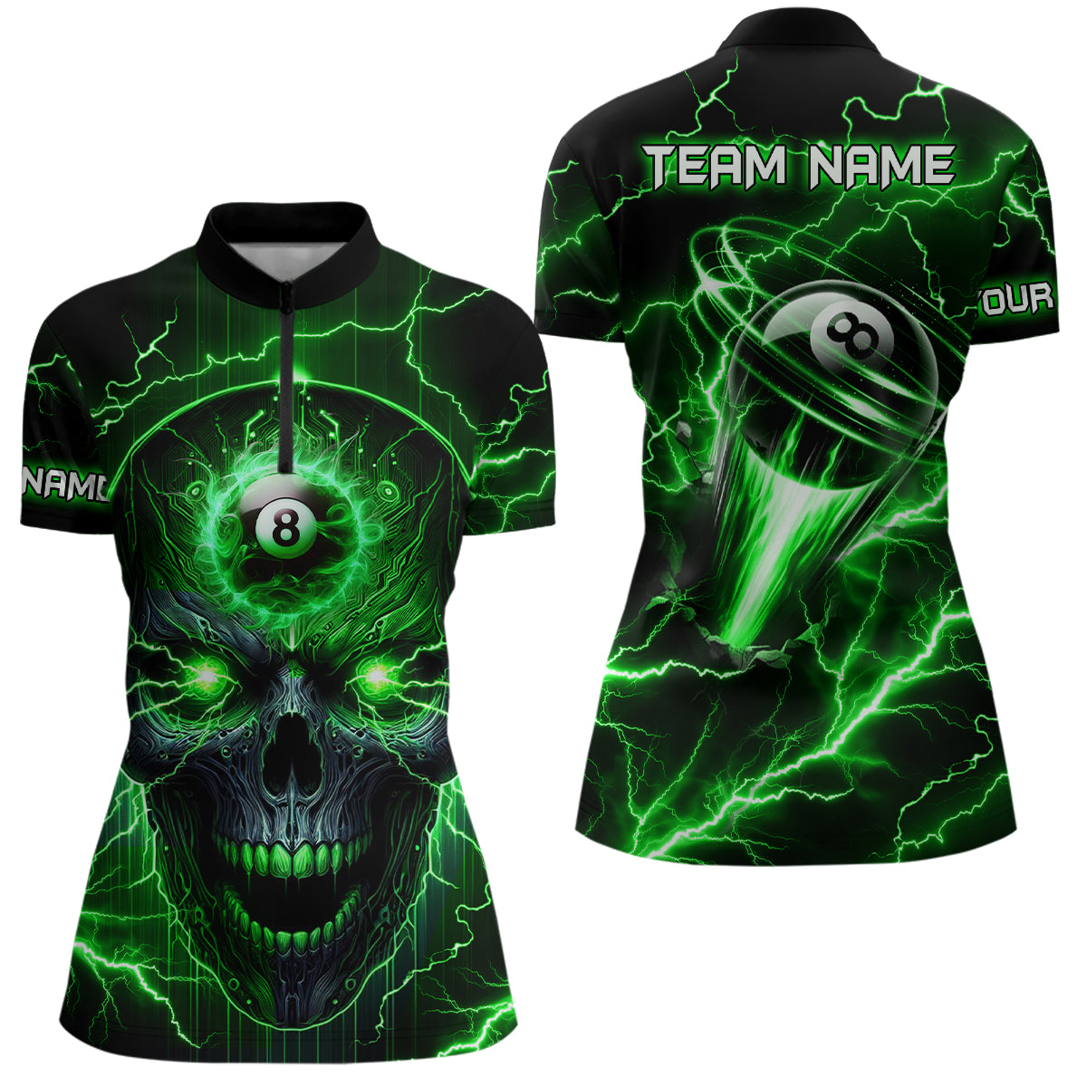 Personalized Skull Billiard Women Quarter-Zip Shirts Custom Name 8 Ball Pool Jerseys |Green TDM1097