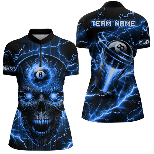 Personalized Skull Billiard Women Quarter-Zip Shirts Custom Name 8 Ball Pool Jerseys |Blue TDM1098