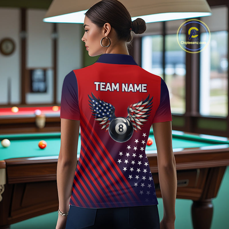 Personalized 8 Ball Wings American Flag Billiard Shirts For Women Custom Patriotic Pool Team Jersey TDM7222