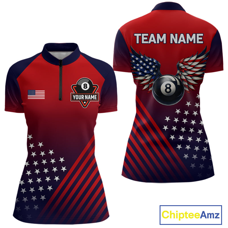 Personalized 8 Ball Wings American Flag Billiard Shirts For Women Custom Patriotic Pool Team Jersey TDM7222