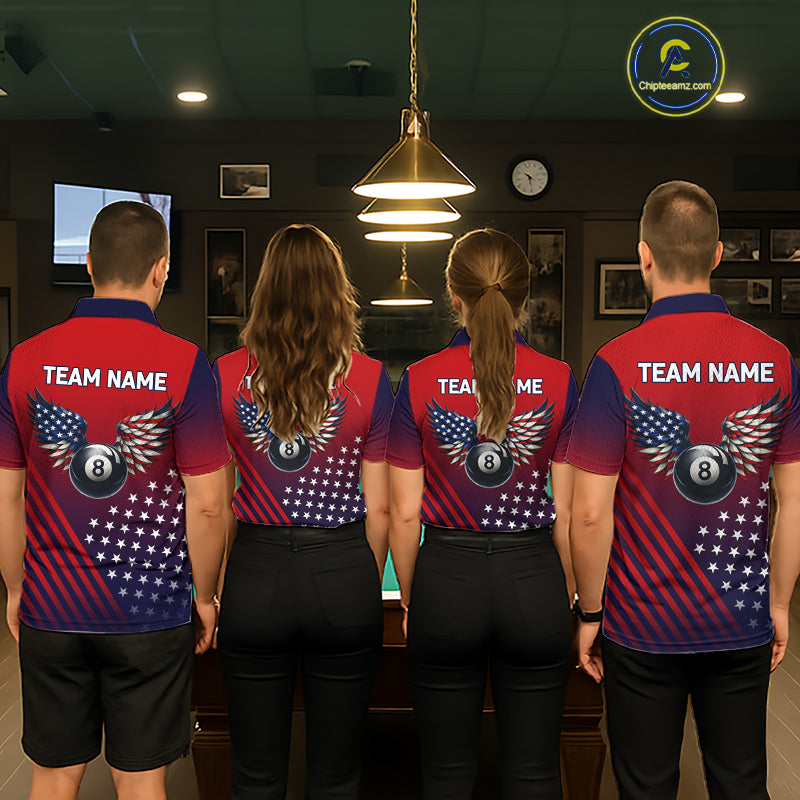 Personalized 8 Ball Wings American Flag Billiard Shirts For Women Custom Patriotic Pool Team Jersey TDM7222