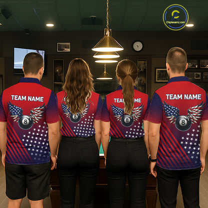Personalized 8 Ball Wings American Flag Billiard Shirts For Women Custom Patriotic Pool Team Jersey TDM7222