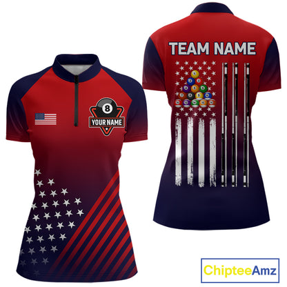 American Flag 8 Ball Pool Billiard Jersey For Women Custom Patriotic Billiard League Team Shirts TDM7224