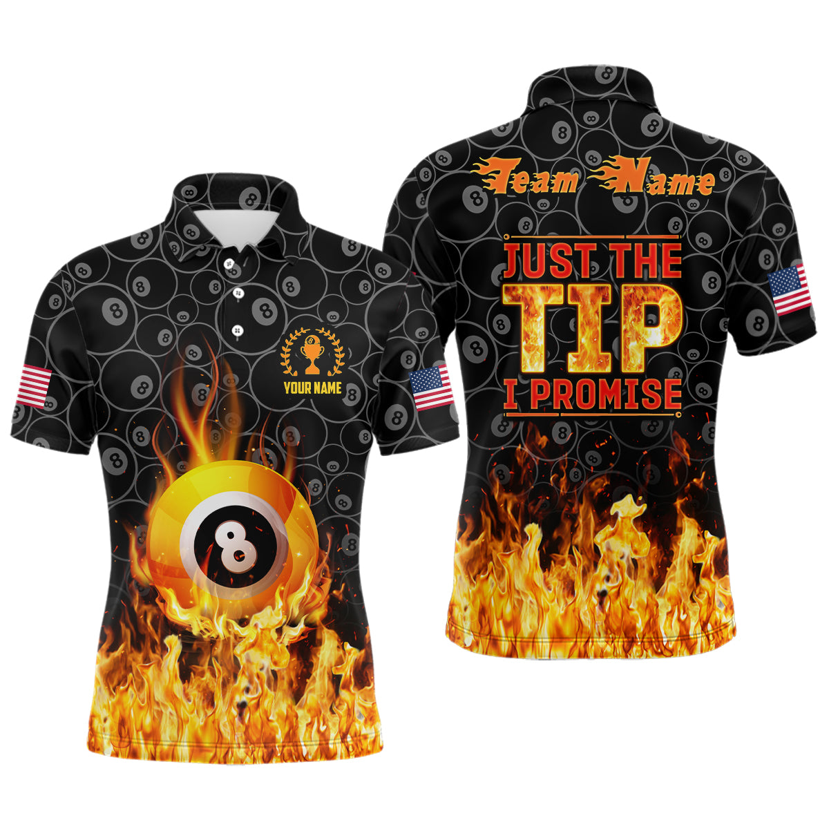 Personalized Flame Cool Billiard Ball 8 Just The Tip I Promise Funny Billiard Polo Shirts For Men TDM0094