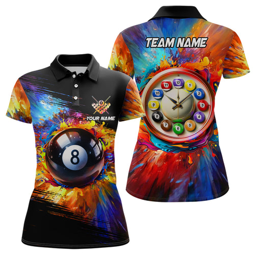 Personalized Colorful Billiard Clock Shirts For Women, Custom Funny 8 Ball Pool Polo Shirts Design TDM1109