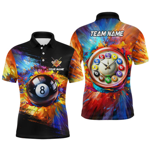 Personalized Colorful Billiard Clock Shirts For Men, Custom Funny 8 Ball Pool Polo Shirts Design TDM1109